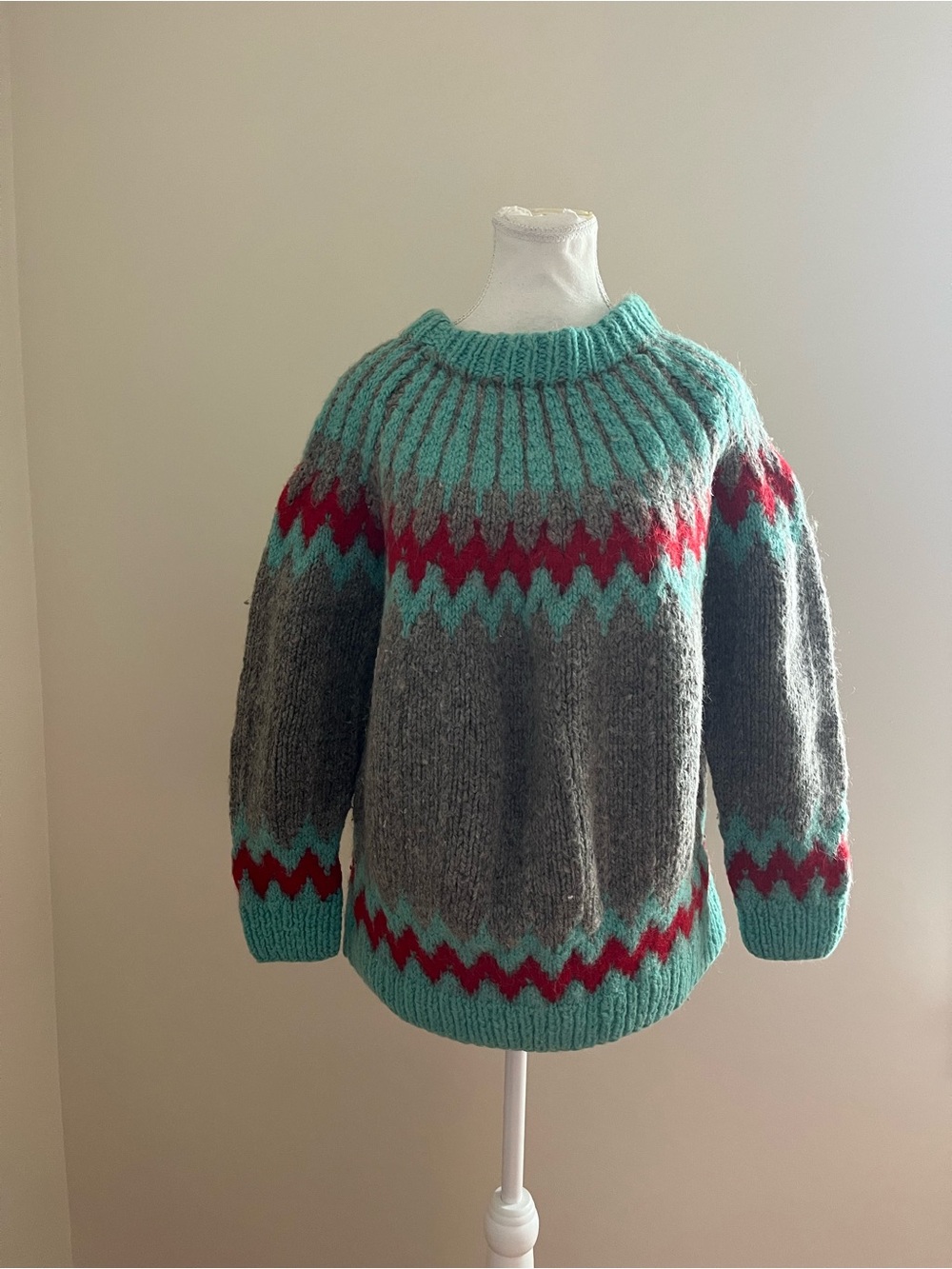 Women's Grey Knit Sweater with Teal and Red Pattern